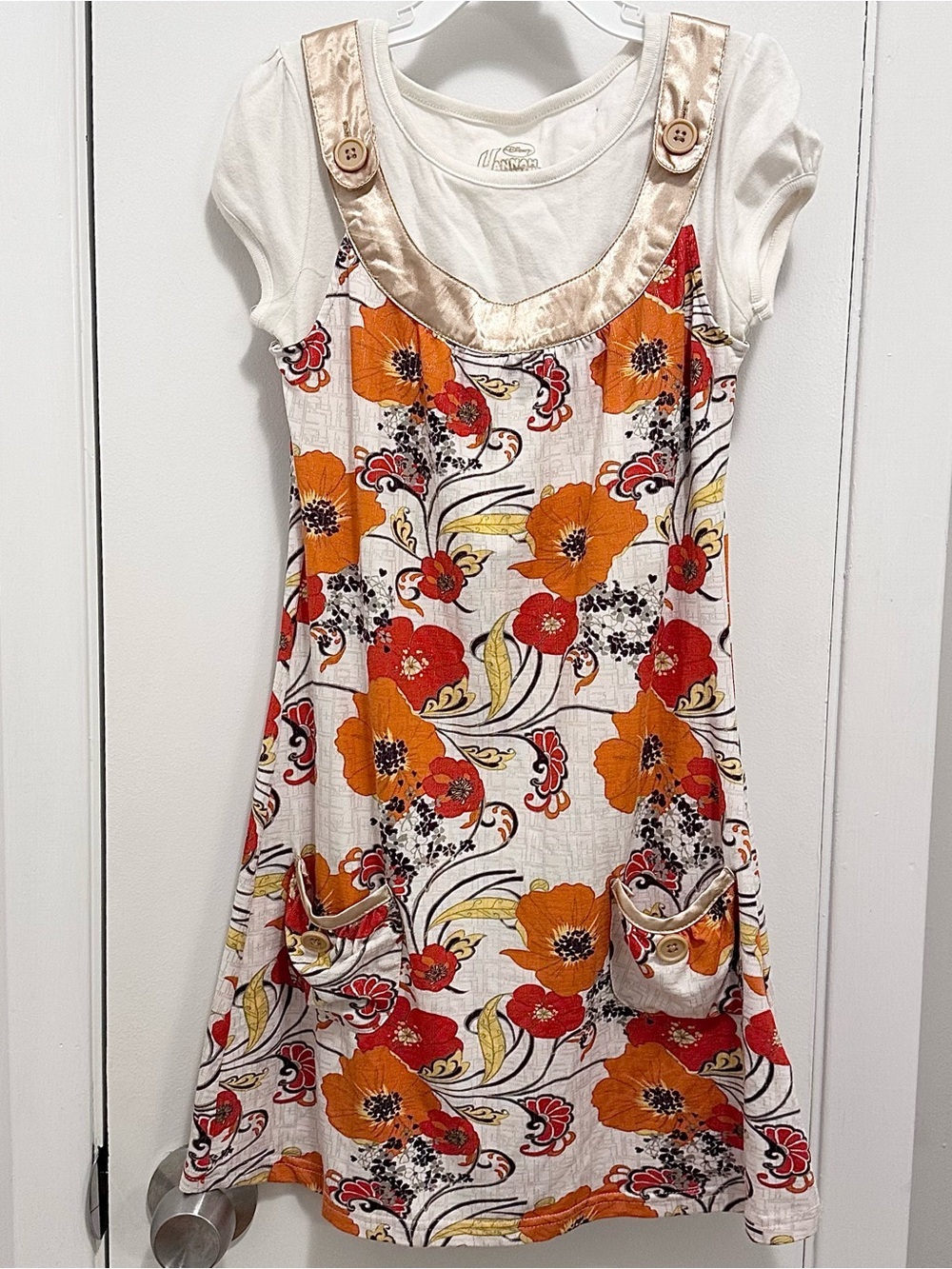 Disney Hannah Montana Overall Dress Girls 10 floral orange red poppies gold Y2K